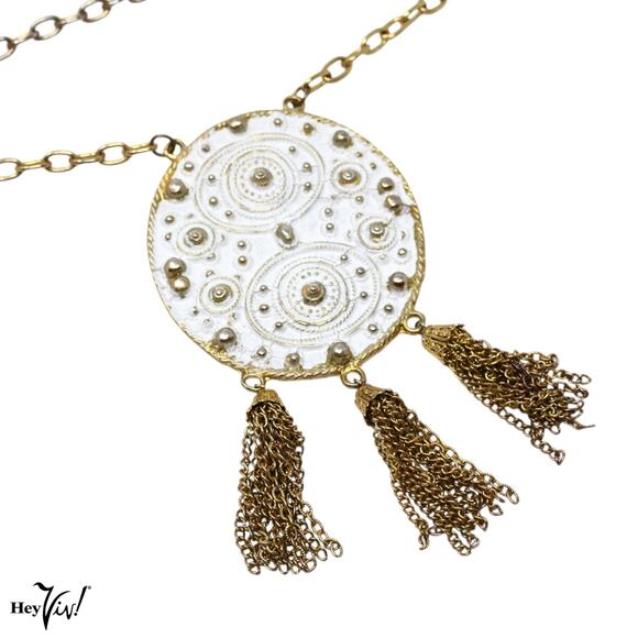 Vintage Necklace Large 3" Medallion Statement Chunky Piece Chain Fringe -Hey Viv - Picture 3 of 6